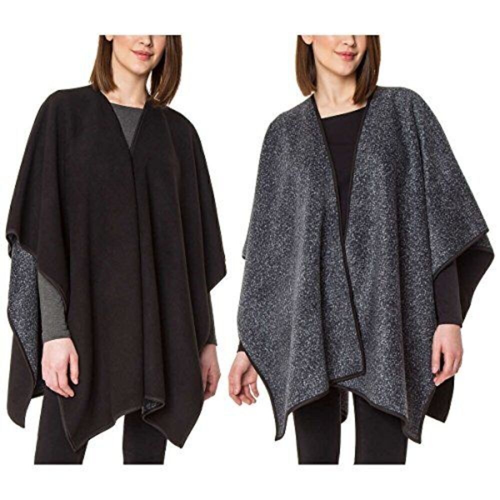 Ike Behar Womens Reversible Poncho Black Grey Crosshatch Pattern Open Front Wrap